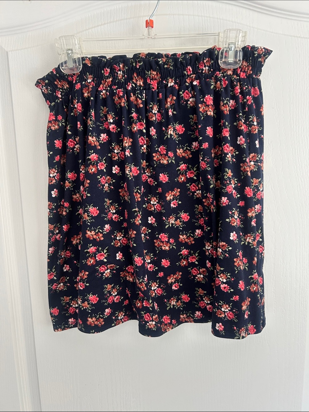 French Grey soft stretch pull on Skirt Pink & Red Floral Print